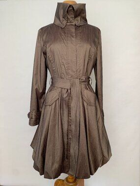 D&Y High Collar Bubble Hem Belted Lightweight Brown Coat